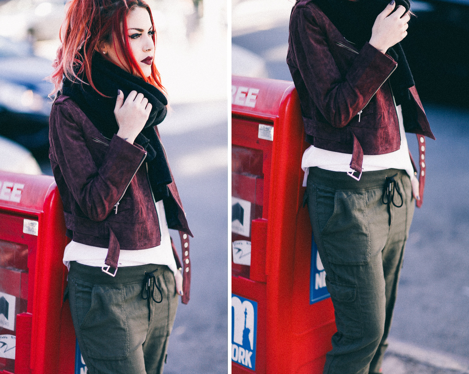 Le Happy wearing cargo pants and Obey Burgundy jacket