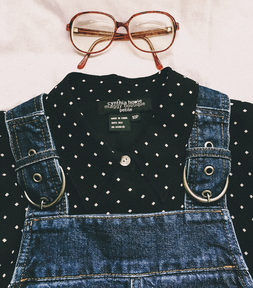 Denim overalls and dotted shirt