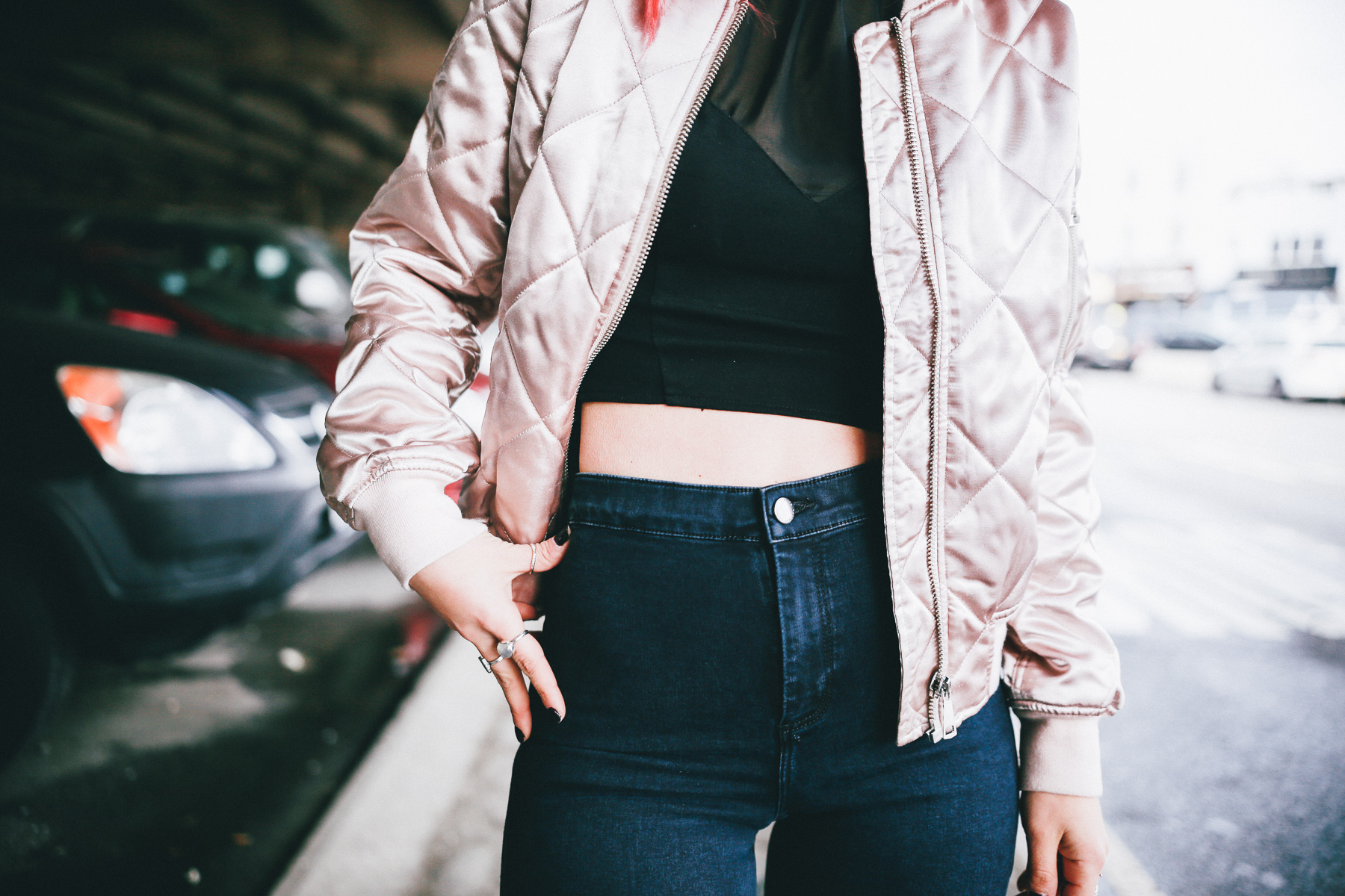 Le Happy wearing Topshop Joni jeans and satin bomber jacket