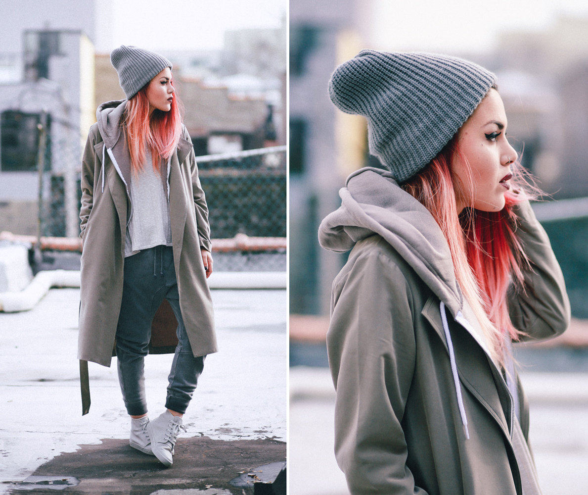 Le Happy wearing American Apparel trench and grey beanie