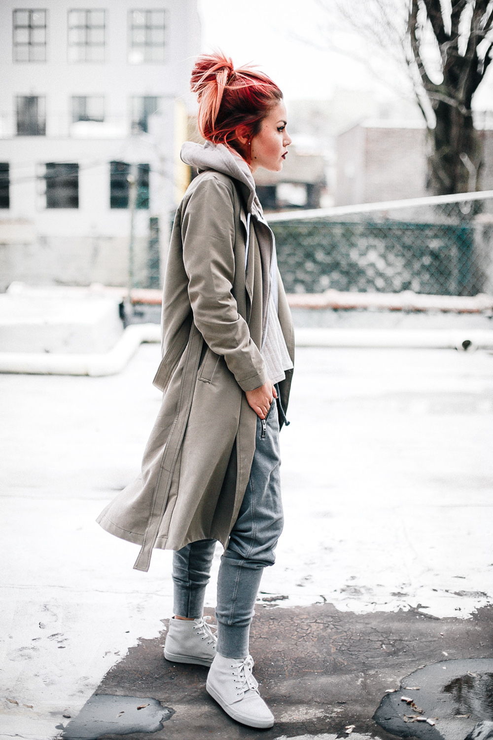 Le Happy wearing American Apparel trench and Bangs shoes