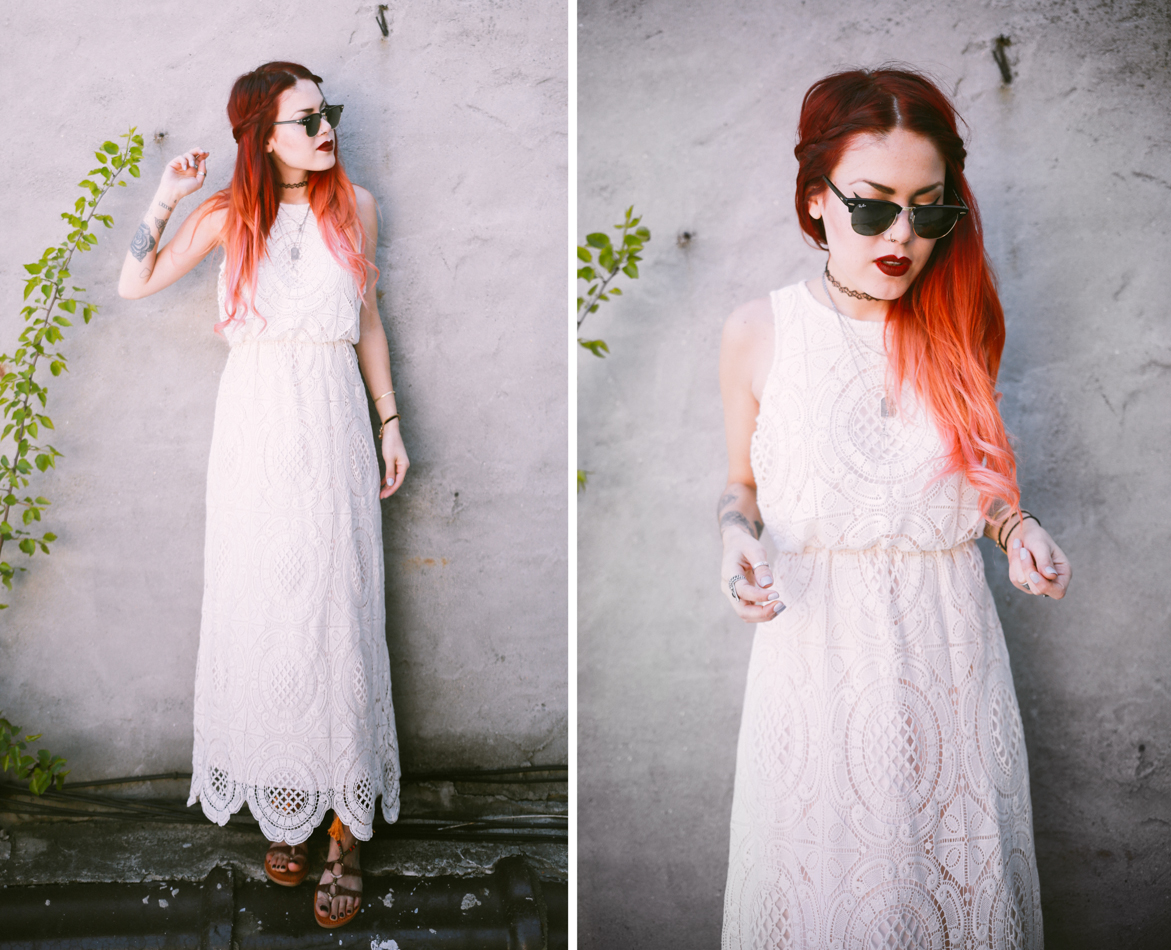Le Happy wearing white crochet maxi dress from Eliza J