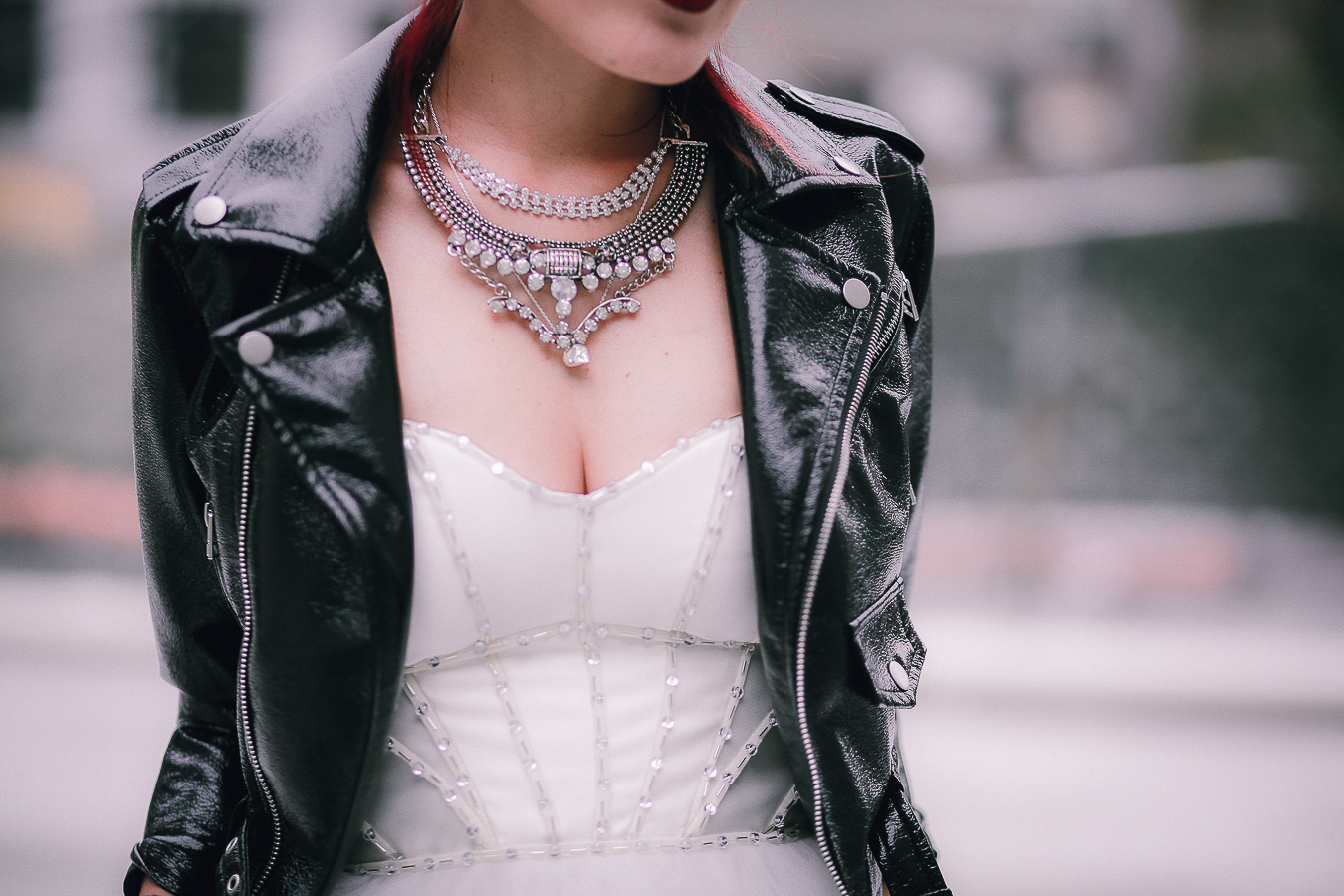 Le Happy wearing Nasty Gal Prom tulle dress and moto jacket