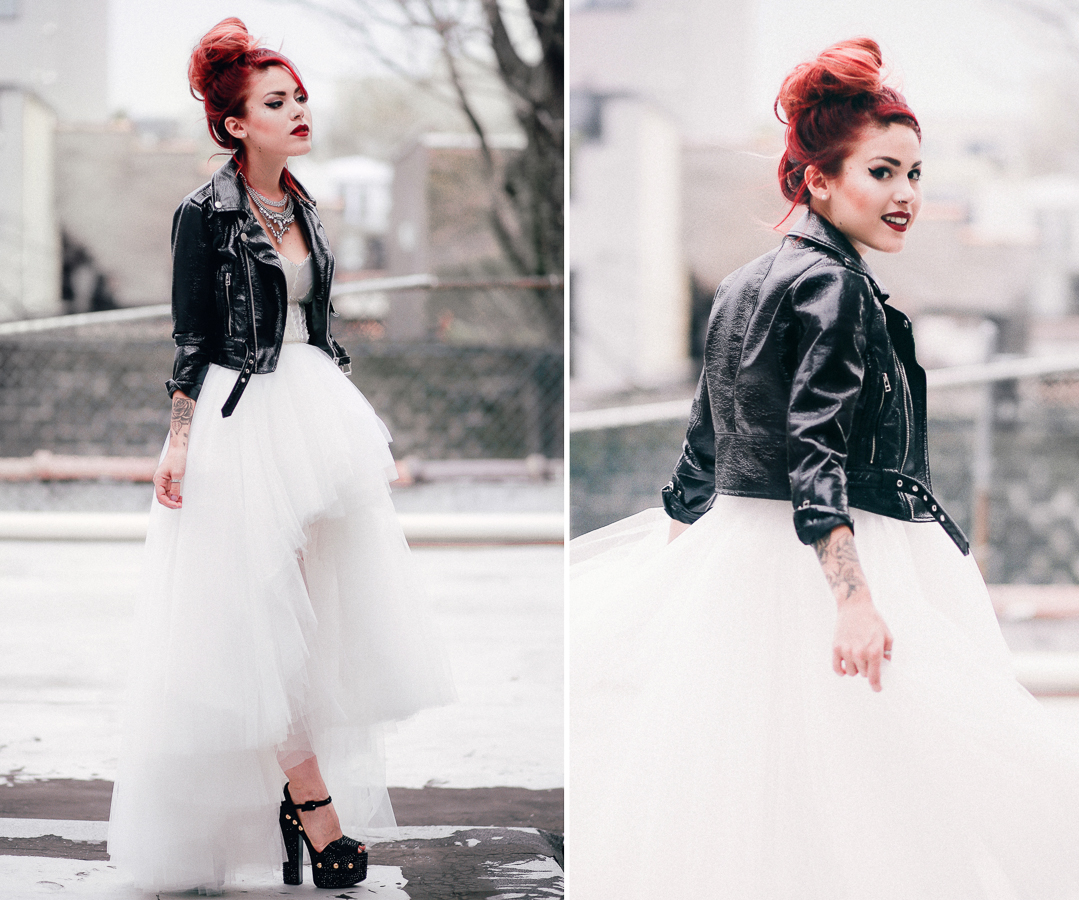 Le Happy wearing Nasty Gal Prom tulle dress and Giuseppe Zanotti pumps