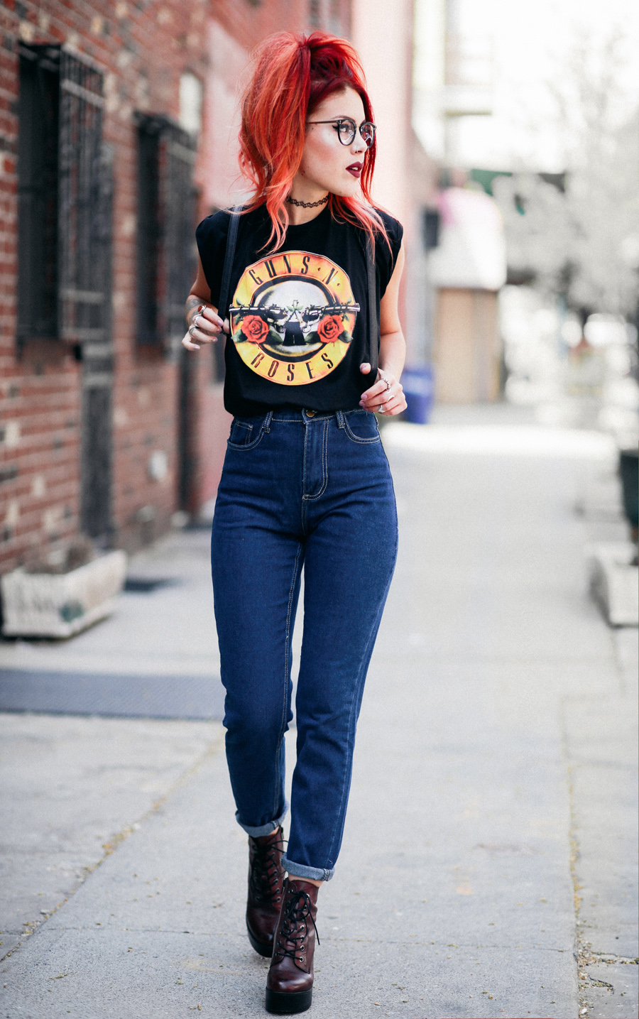 Le Happy wearing Guns n Roses tee and Steve Madden Booties