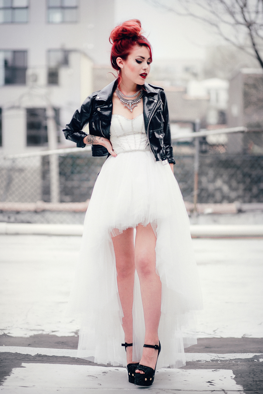 Le Happy wearing Nasty Gal Prom tulle dress and Giuseppe Zanotti pumps
