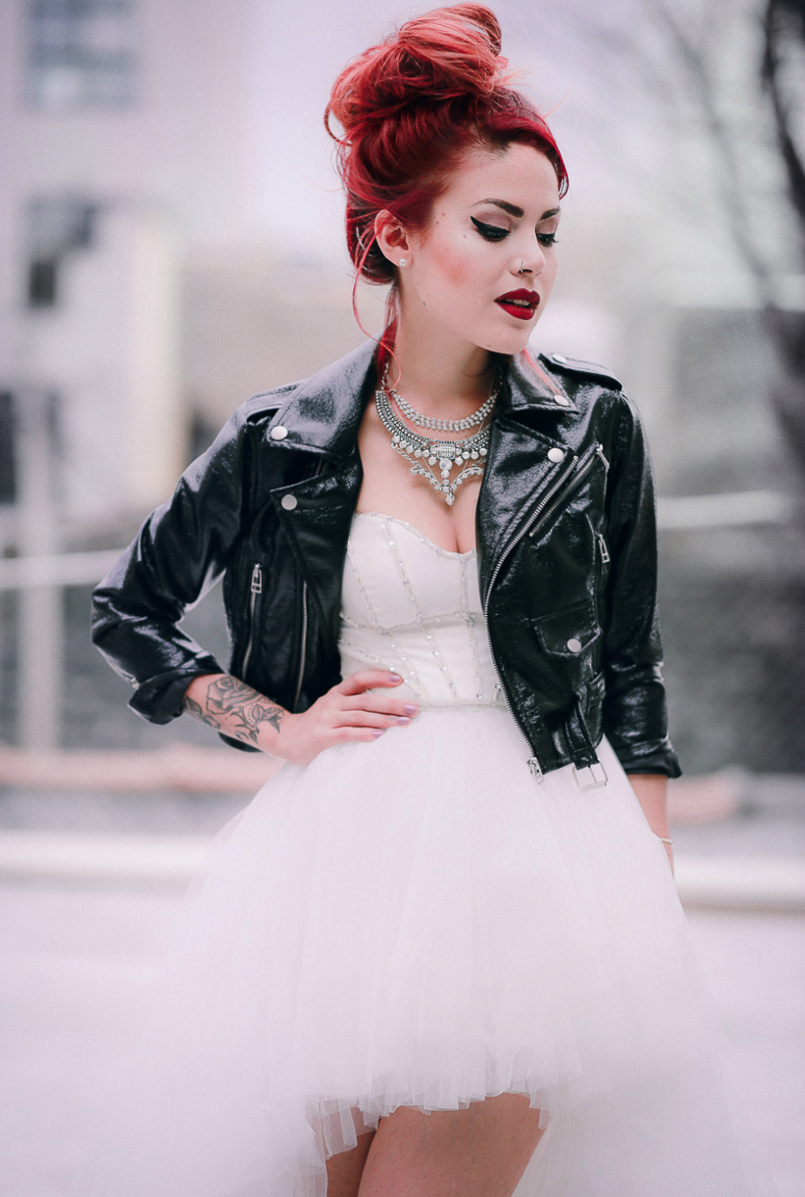 Le Happy wearing Nasty Gal Prom tulle dress and moto jacket