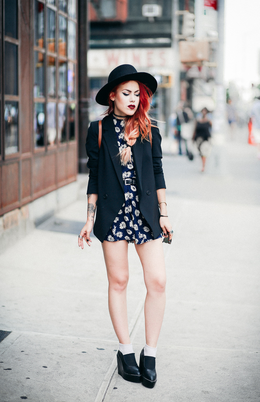 Le Happy wearing ASOS floral romper and Theory blazer