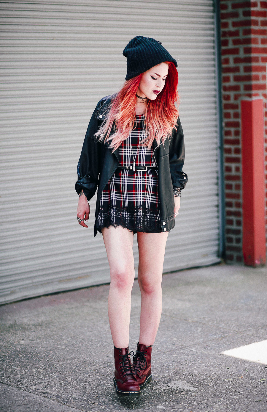 Le Happy wearing Aeneas Erlking plaid dress and red docs