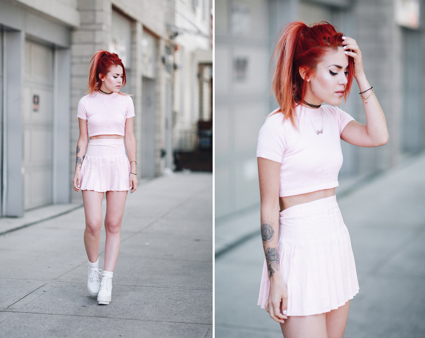 Le Happy wearing a pastel pink tennis skirt and unif crop top