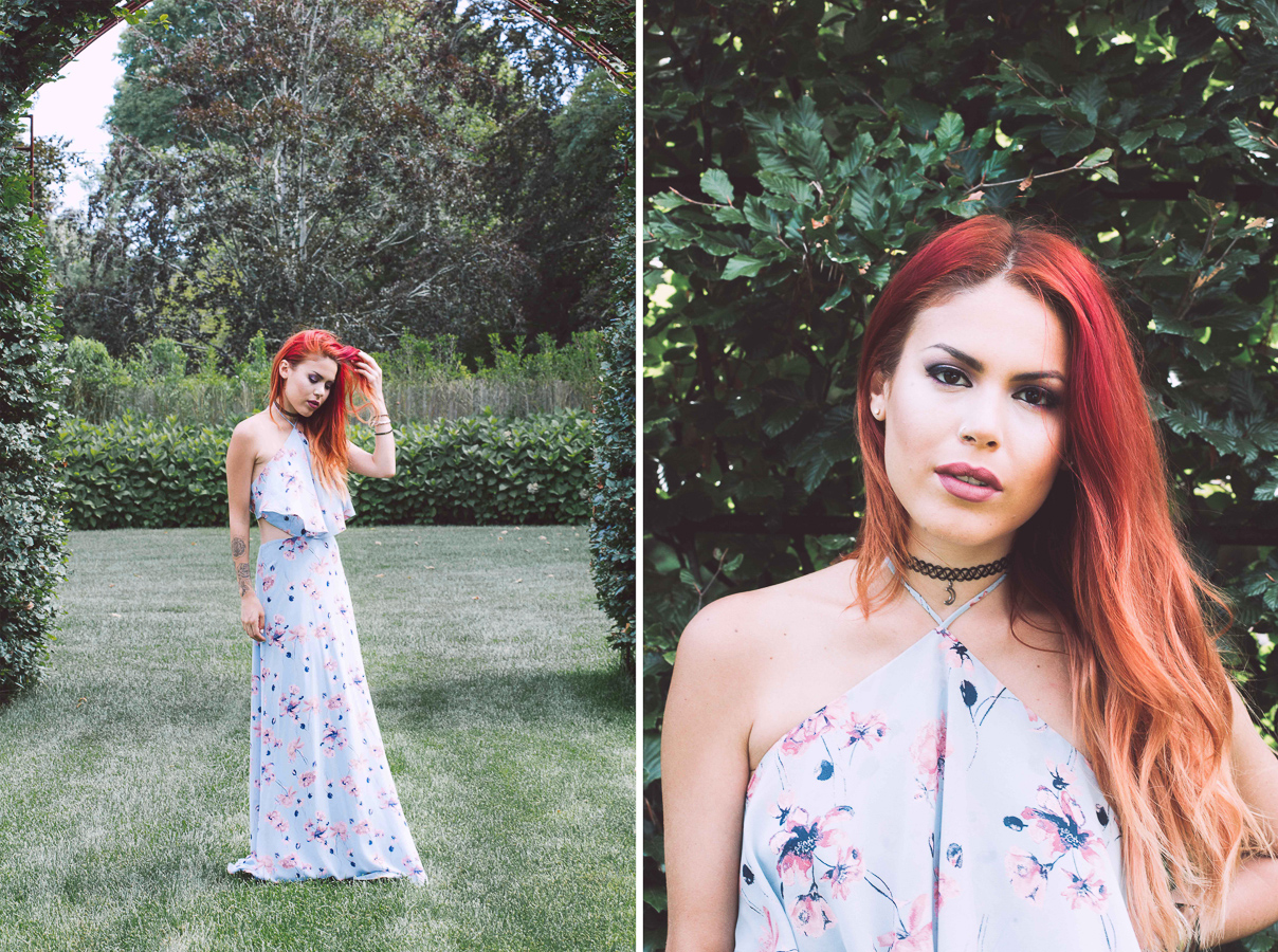 Le Happy wearing House of Harlow for Revolve maxi dress and Maybelline make up