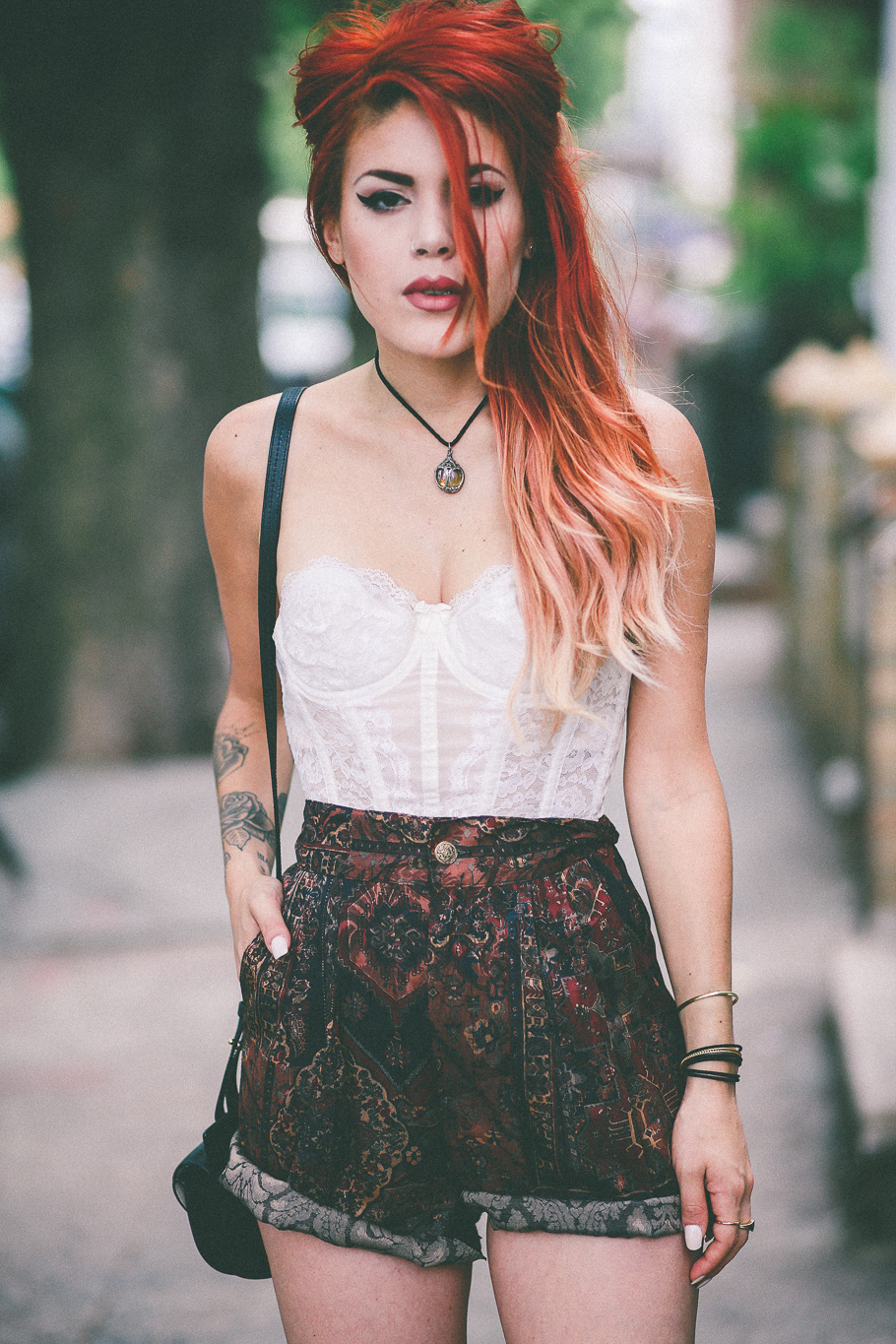 Le Happy wearing vintage lace bustier for a romantic dinner look