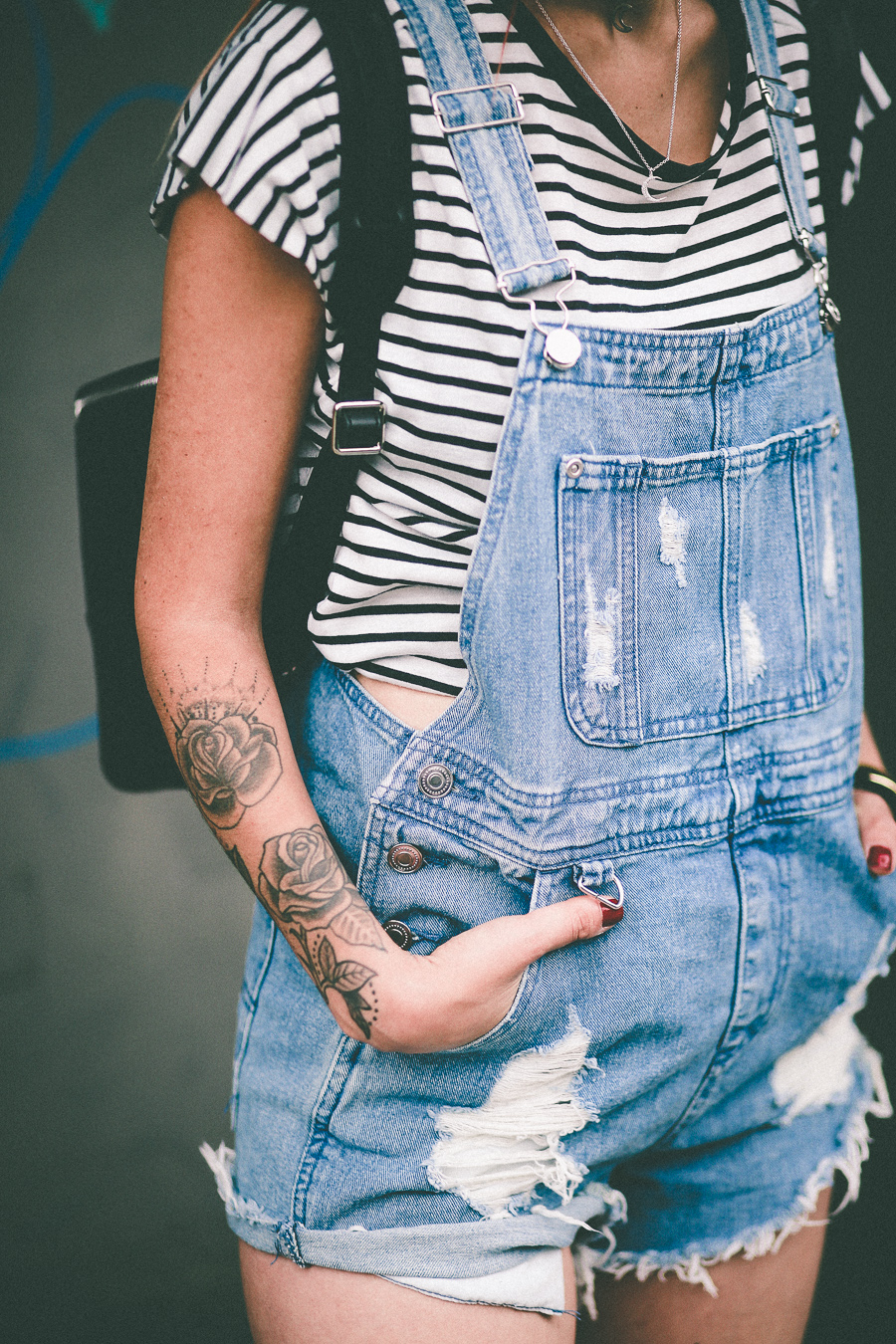 Le Happy wearing ASOS overalls and striped tee