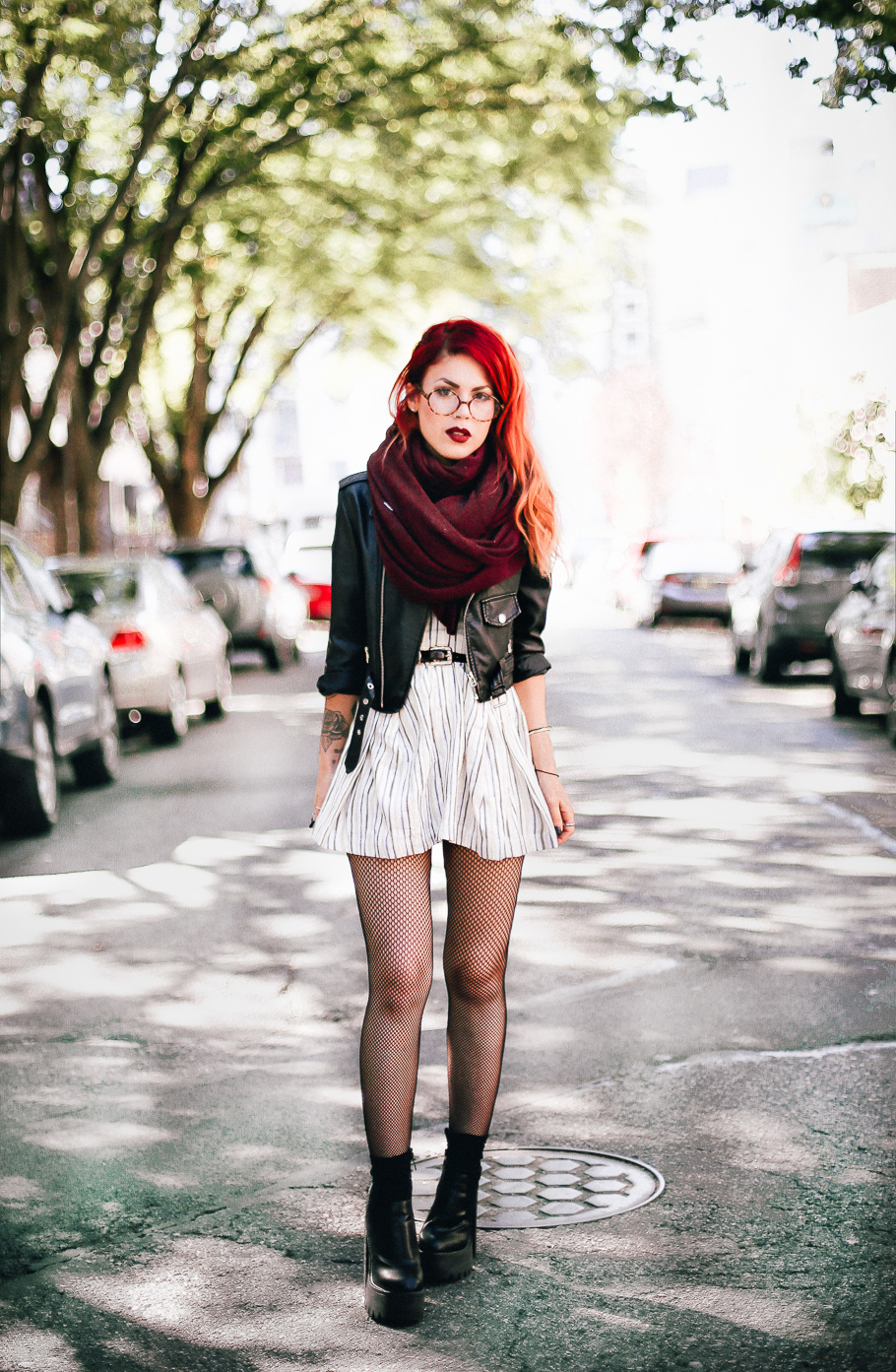 Le Happy wearing Joa striped skater dress and White and Warren scarf