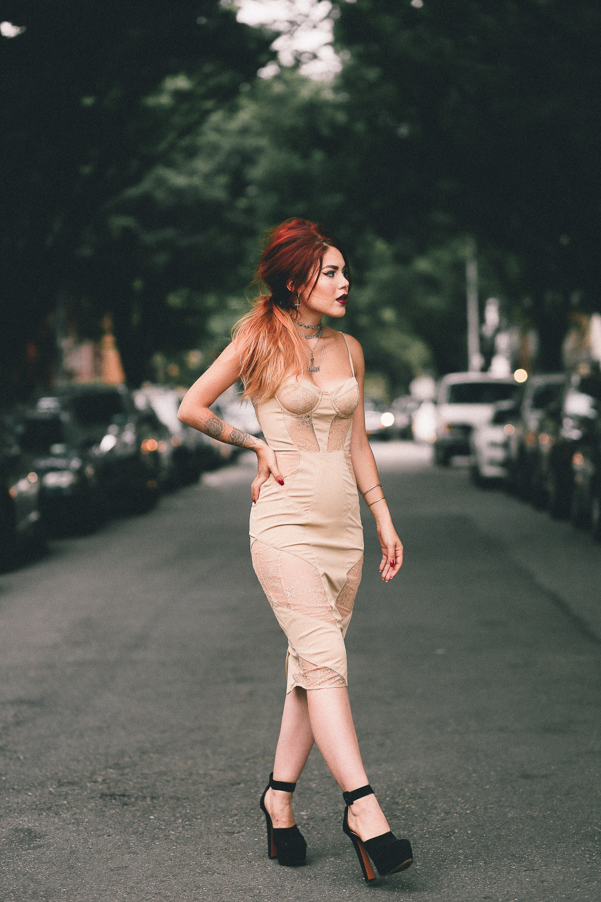 Luanna of Le Happy wearing Alaia sandals and House of CB dress