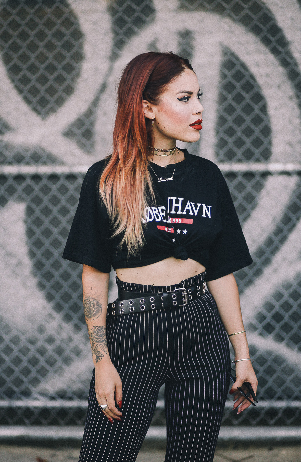 Pinstripe pants with graphic tee