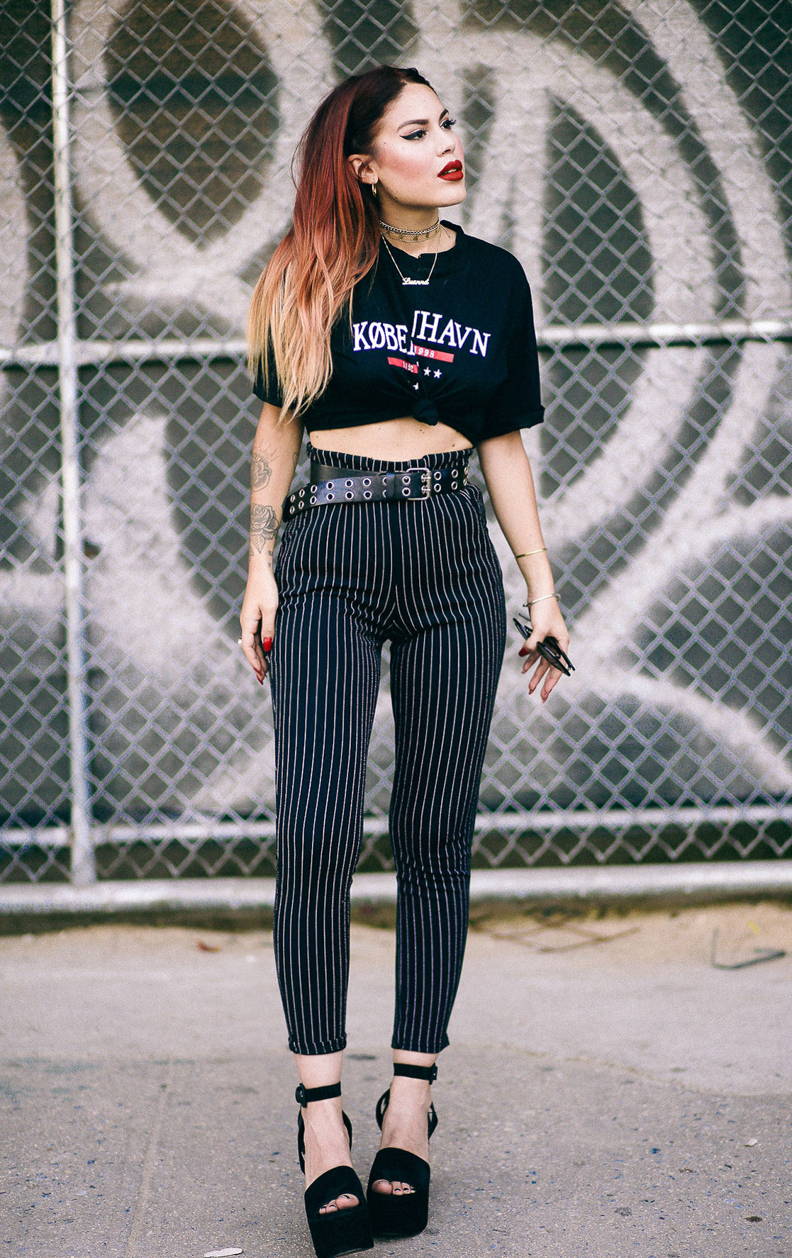 Pinstripe pants with graphic tee 